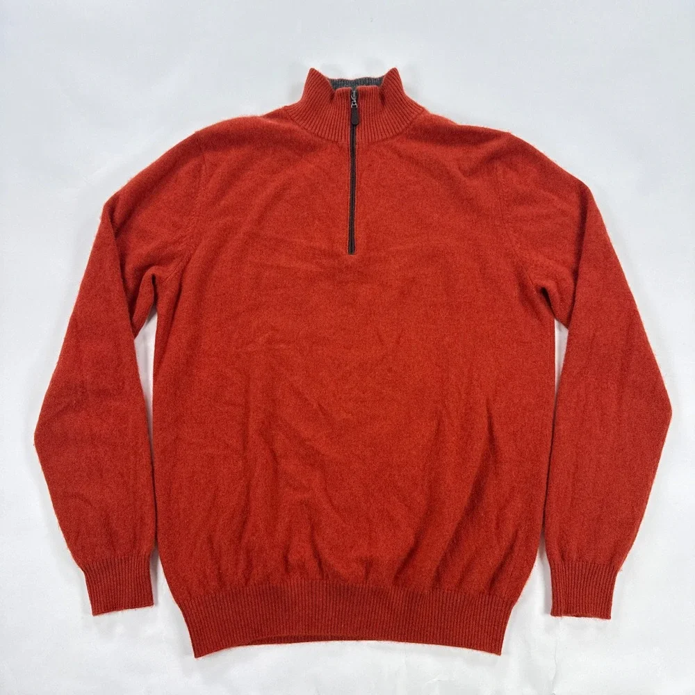 Forte Cashmere Mens Sweater Medium Orange Quarter Zip Pullover Mock Neck Soft